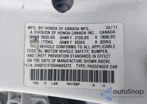 2017 Honda Civic Ex-T from USA, damaged, VIN 2HGFC1F35HH645373